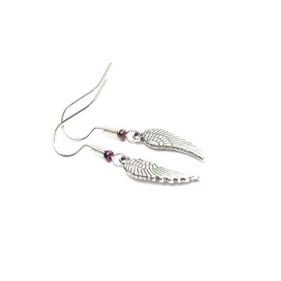 Silver Angel Wings Glass Bead Dangle Earrings - Picture 2 of 6